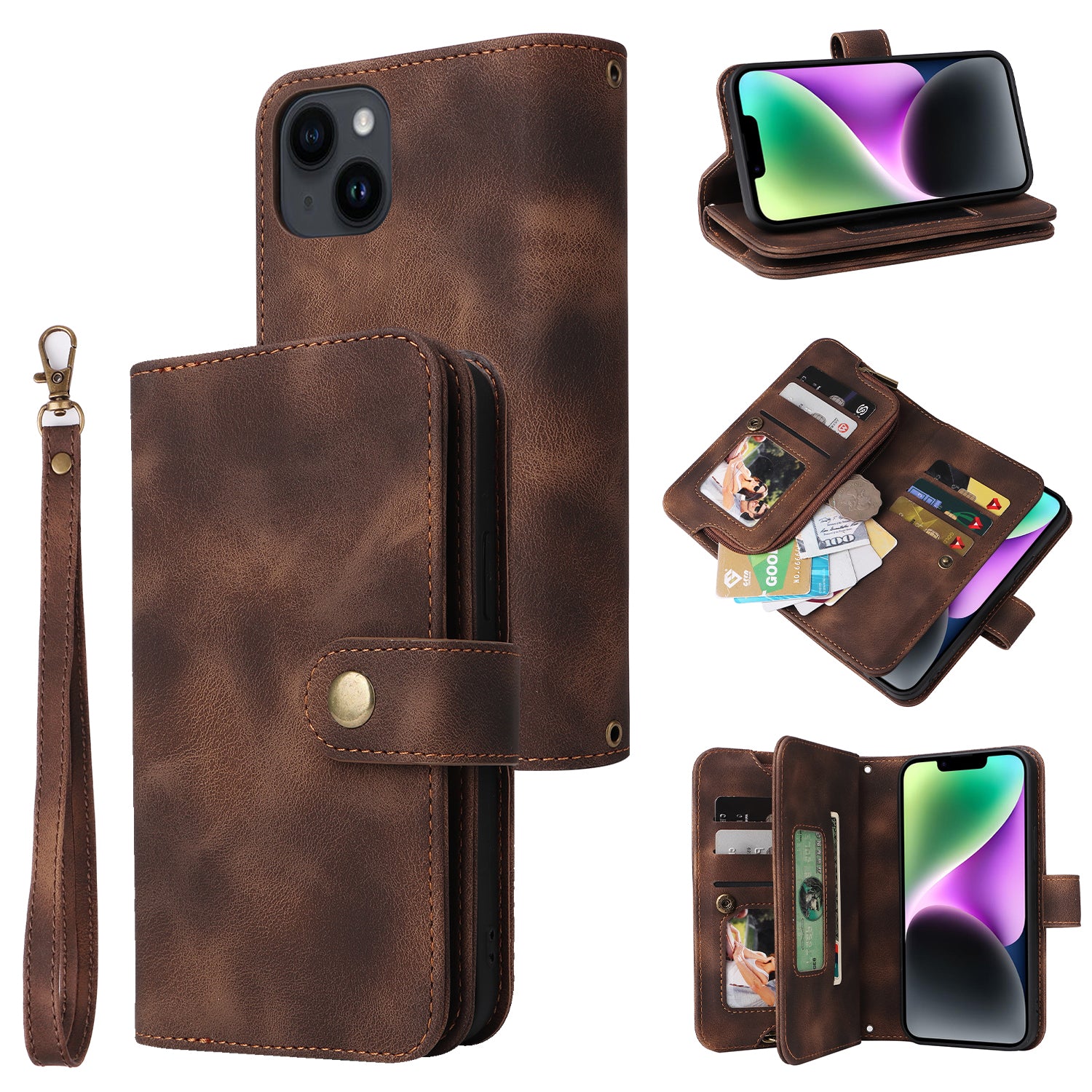 Lynlåslomme Telefon Læder Taske til iPhone 14 Stand Wallet Multifunktionelt telefoncover med stropper Lynlåslomme Telefon Læder Taske til iPhone 14 Stand Wallet Multifunktionelt telefoncover med stropper